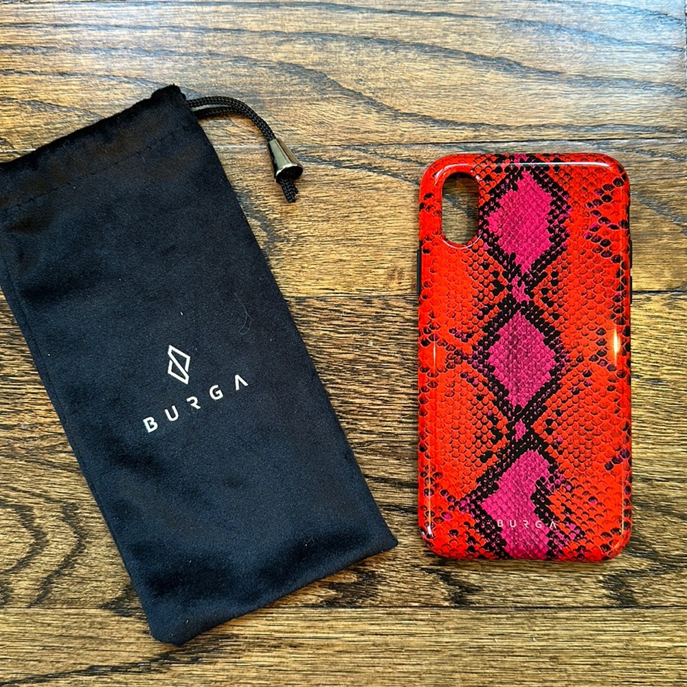 Burga phone case x/xs. Brand new, never used.pink and red snakeskin print.